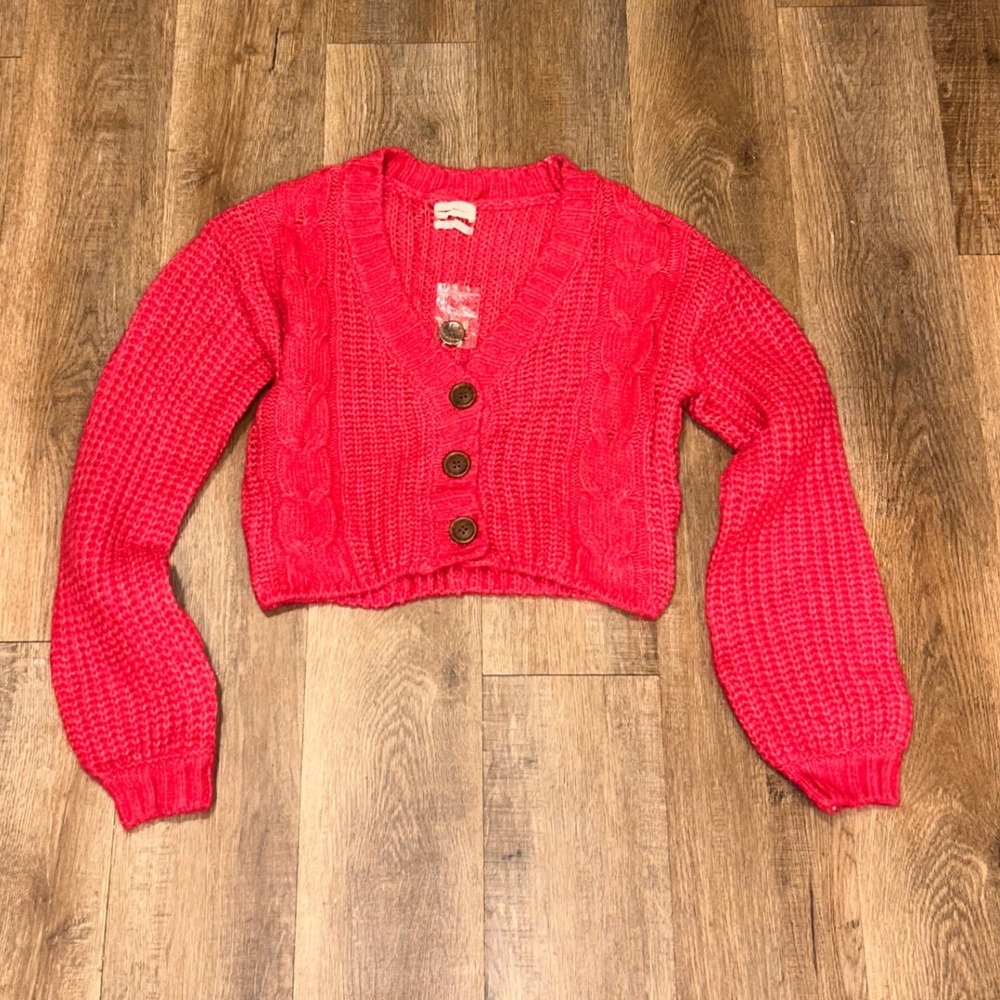 Urban Outfitters Pink Cropped Cardigan Sweater Chunky Cable Knit Alpaca Blend S